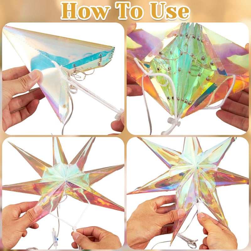 paper jazz Iridescent Christmas Decorations Star Hanging,Christmas Tree Decoration with Star String Light, Iridescent Xmas Ornaments with LED for Indoor Outdoor,Wall,Window. - Image 5